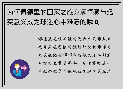 为何佩德里的回家之旅充满情感与纪实意义成为球迷心中难忘的瞬间