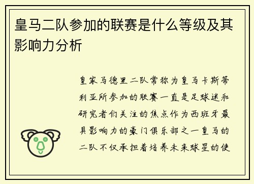 皇马二队参加的联赛是什么等级及其影响力分析