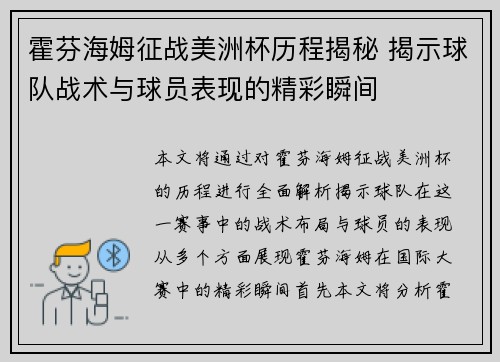 霍芬海姆征战美洲杯历程揭秘 揭示球队战术与球员表现的精彩瞬间